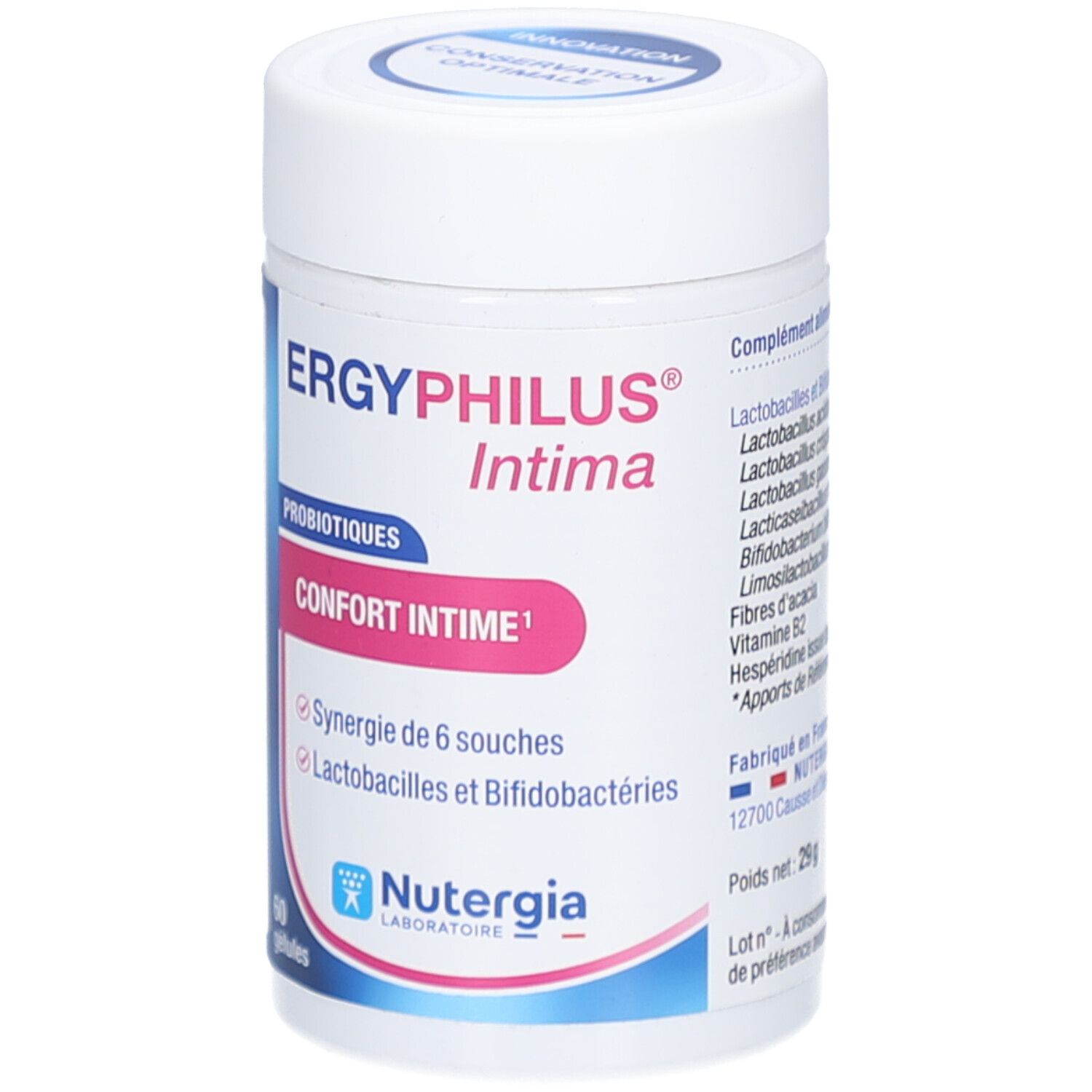 Weißes, zylindrisches Behältnis mit Etikett. Aufschrift: ERGYPHILUS Intima, Probiotiques, Confort Intime, 60 gélules. Marke: Nutergia. Hergestellt in Frankreich.