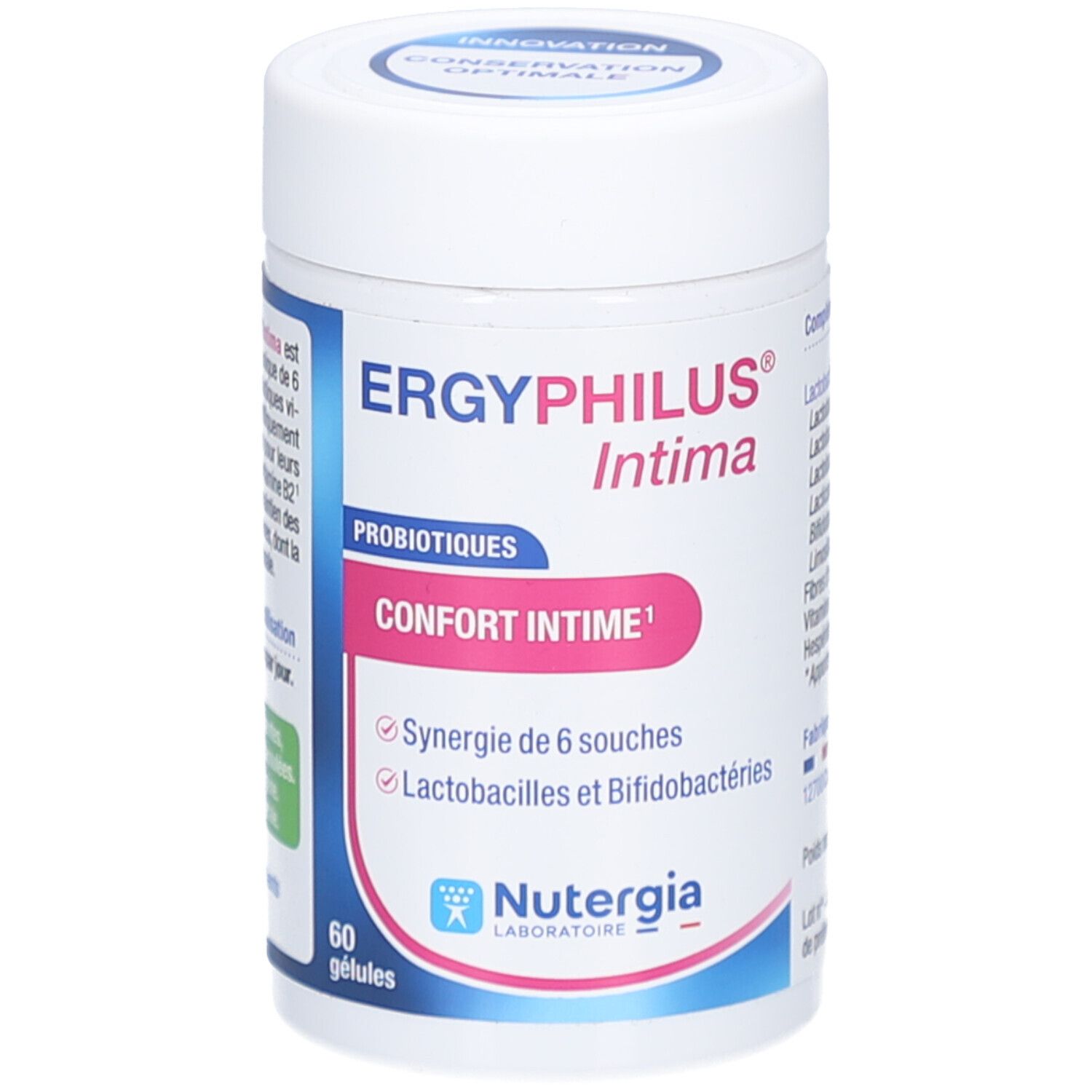 Weißes, zylindrisches Behältnis mit blau-rosa Etikett. Aufschrift: ERGYPHILUS Intima, Probiotika, Confort Intime, 60 gélules. Marke: Nutergia.