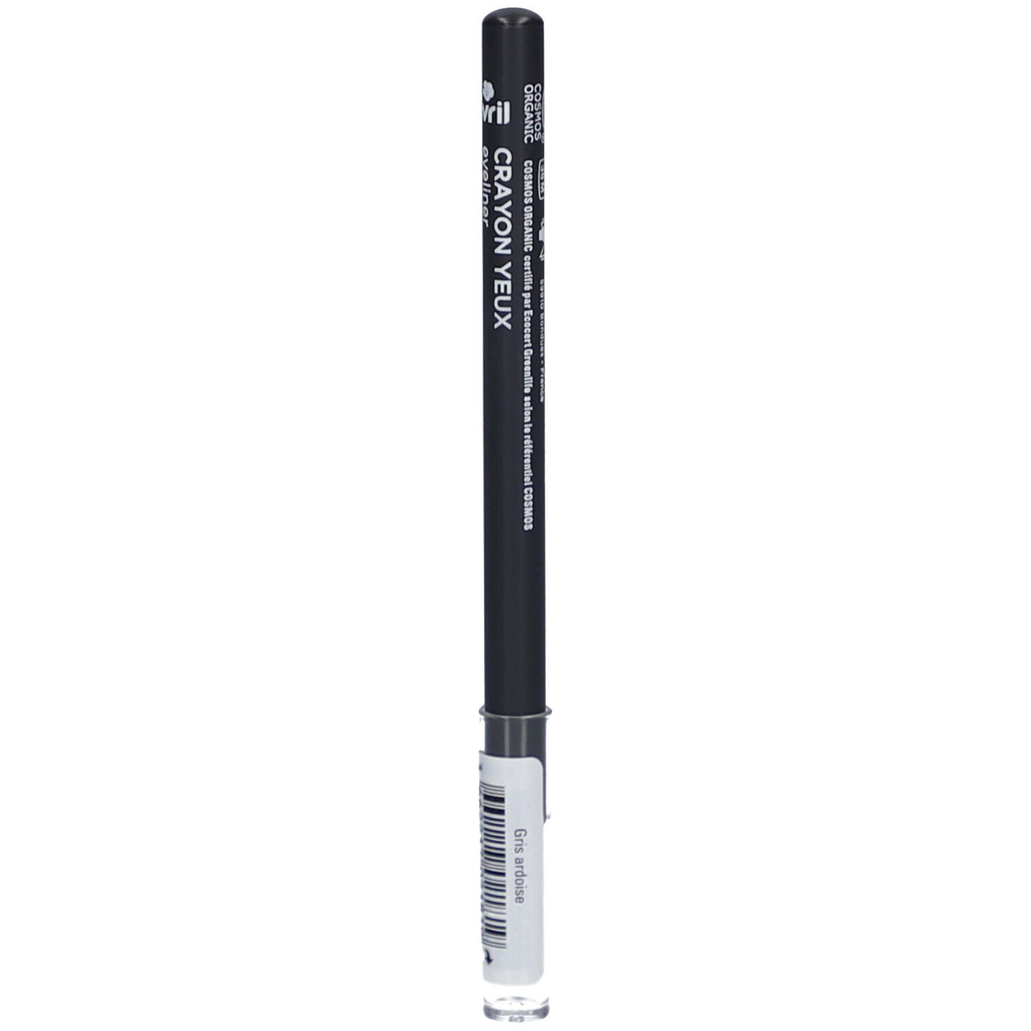 Crayon yeux gris ardoise. Corps noir, étiquette blanche avec code-barres. Inscription: eyeliner. Certifié bio.