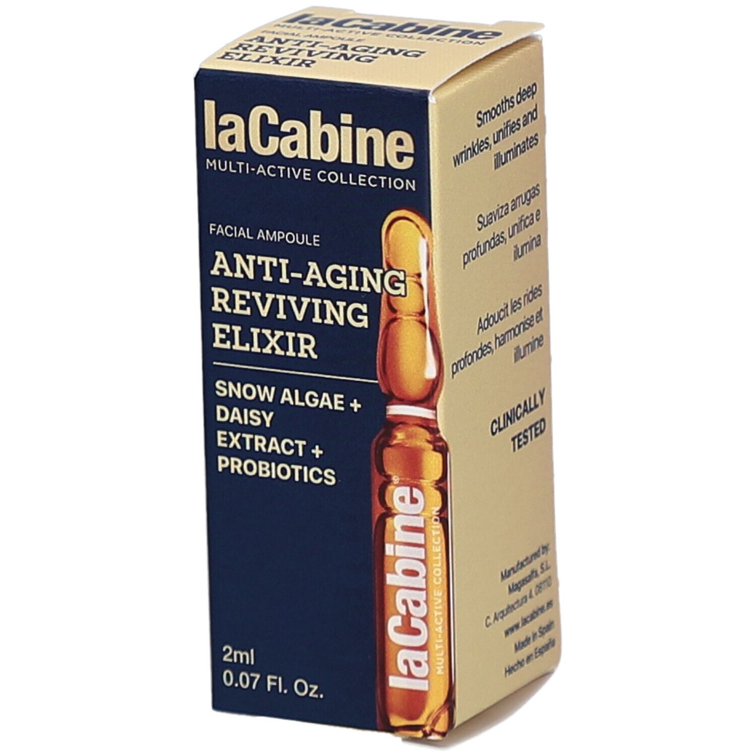 Karton mit Ampulle. Aufschrift: Anti-Aging Reviving Elixir, 2ml. Marke: laCabine.