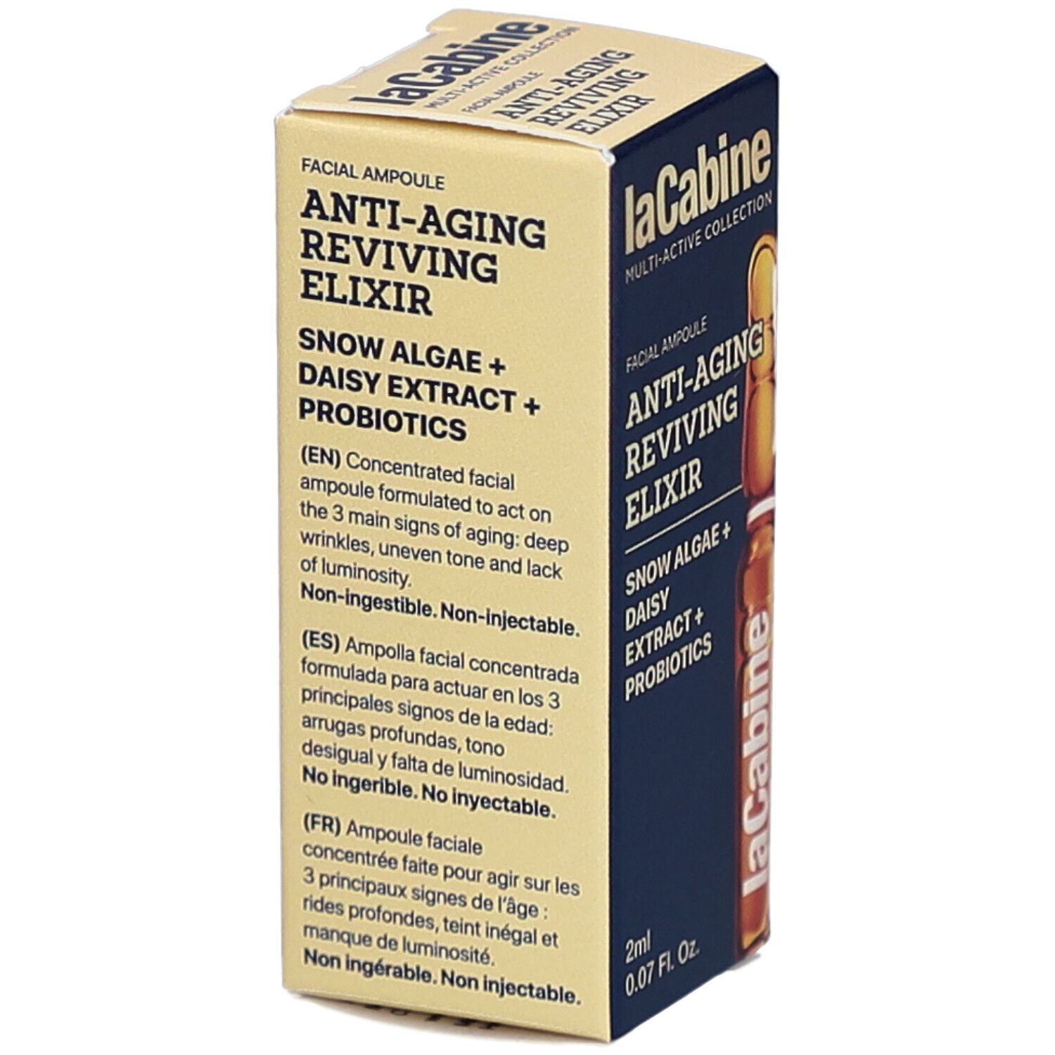Karton mit Text: Anti-Aging Reviving Elixir, Inhaltsstoffe, 2ml. Marke: laCabine.