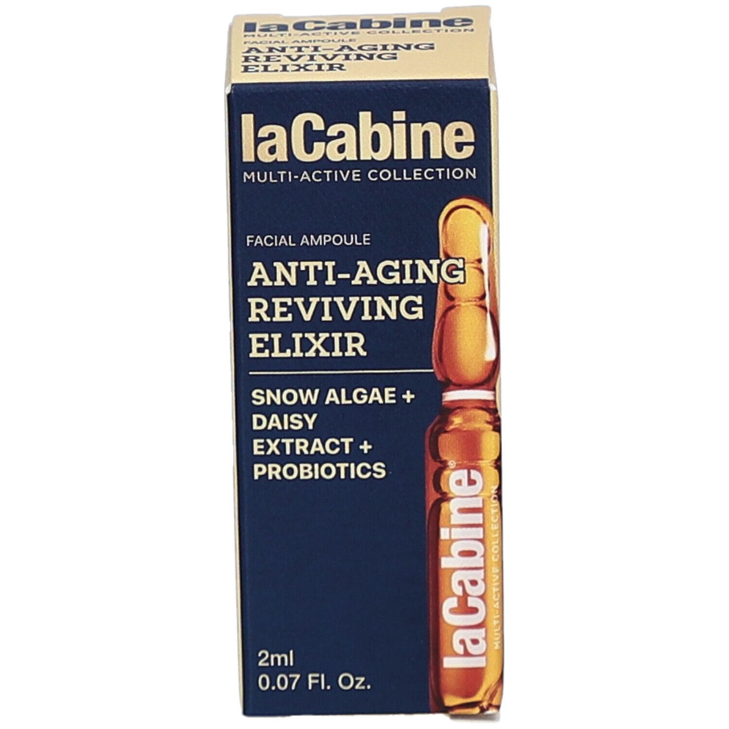 Karton mit Ampulle. Aufschrift: Anti-Aging Reviving Elixir, 2ml. Marke: laCabine.