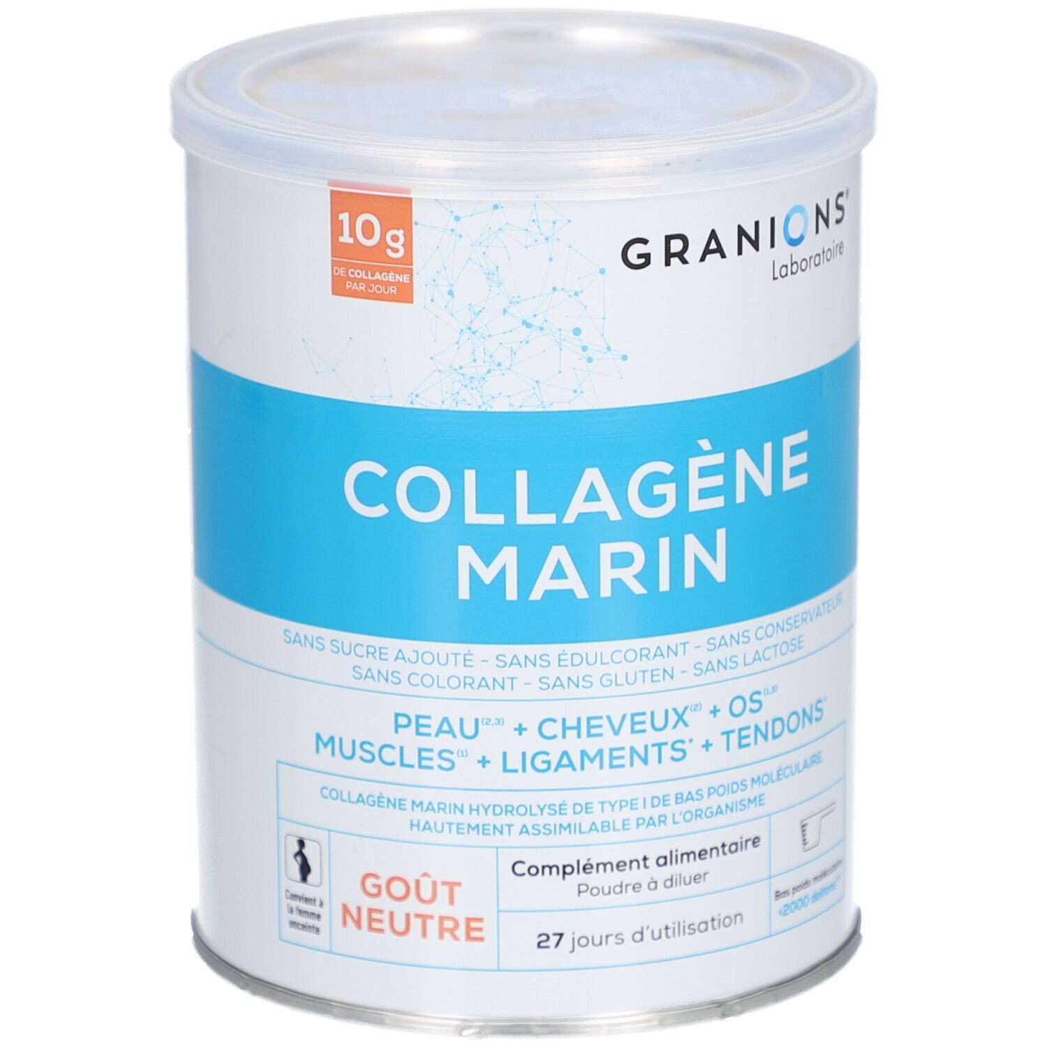 Zylindrische Dose mit blauem Streifen. Aufschrift: Collagène Marin, Gout Neutre. Marke: Granions.