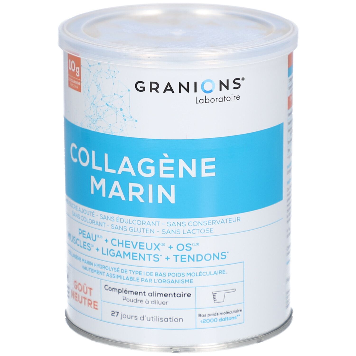 Zylindrische Dose mit blauem Streifen. Aufschrift: Collagène Marin, Gout Neutre. Marke: Granions.