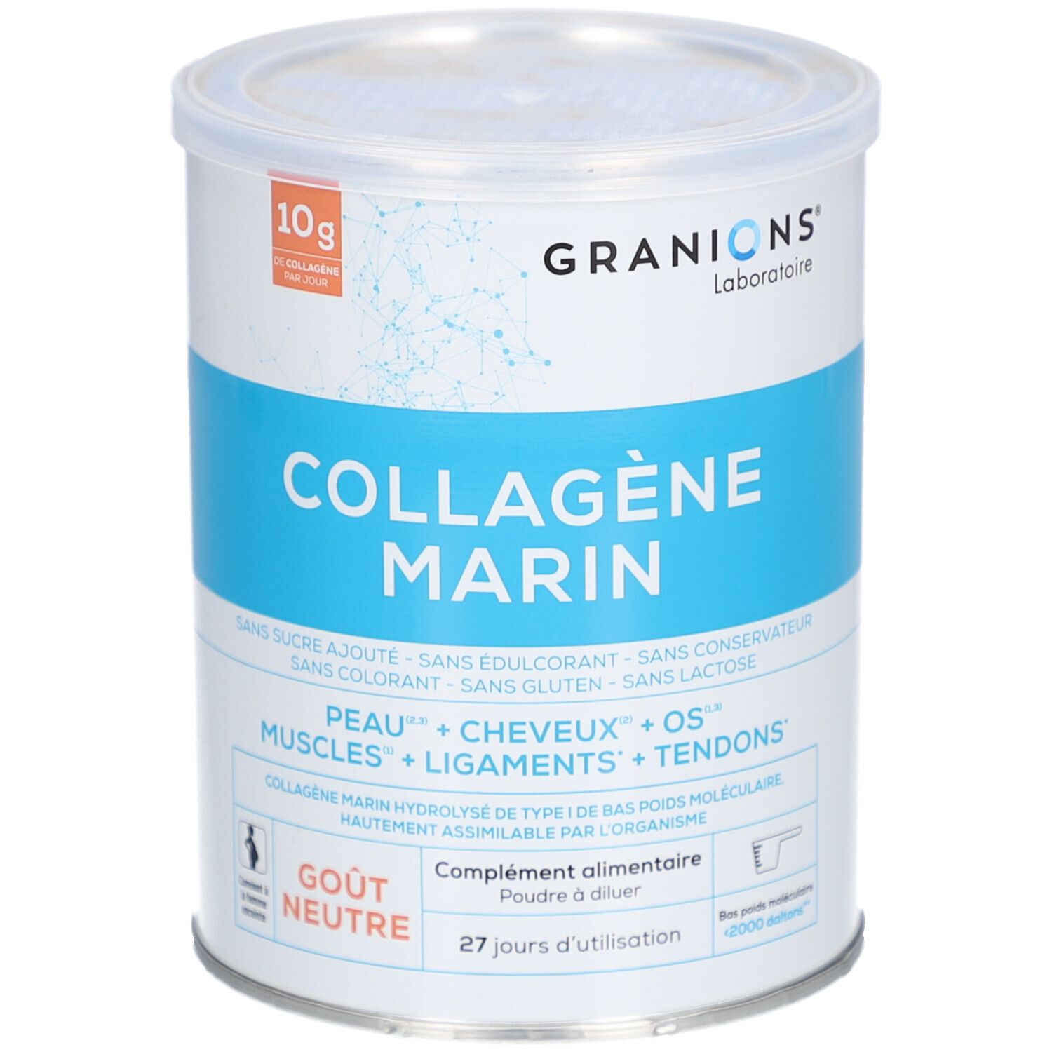 Zylindrische Dose mit blauem Streifen. Aufschrift: Collagène Marin, Gout Neutre. Marke: Granions.