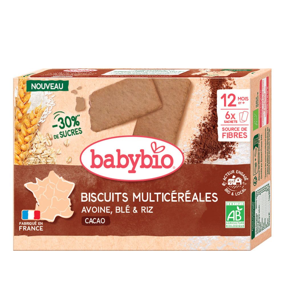 Verpackung mit Babybio-Multicéréales-Keksen. Enthält 6 Beutel, 12+ Monate. Mit Kakao, Hafer, Weizen und Reis. AB-Bio-Siegel.