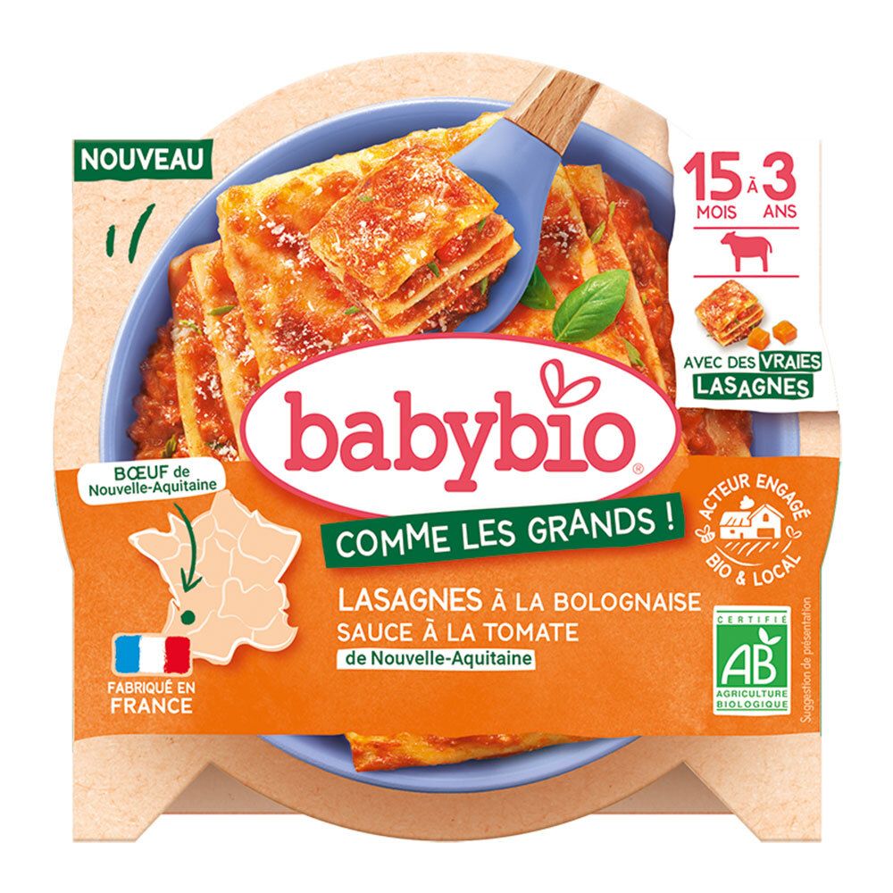 Fertiggericht Lasagne in Schale. Babybio-Logo. Text: Lasagnes à la bolognaise, Sauce à la tomate de Nouvelle-Aquitaine. Bio-Siegel.