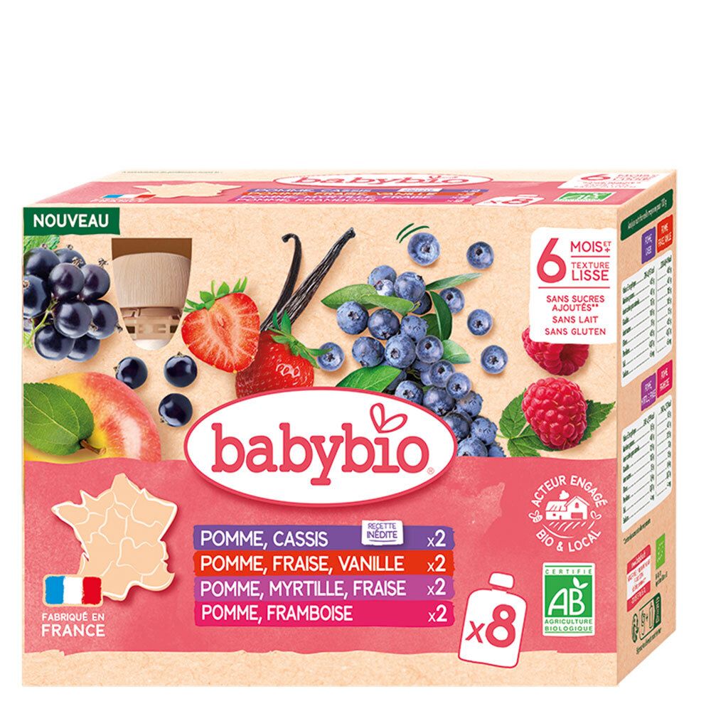 Kartonverpackung mit BABYBIO-Logo und Abbildungen von Früchten. Enthält 8 Püree-Portionen. Text: 6+ Monate, ohne Zuckerzusatz, ohne Milch, ohne Gluten.