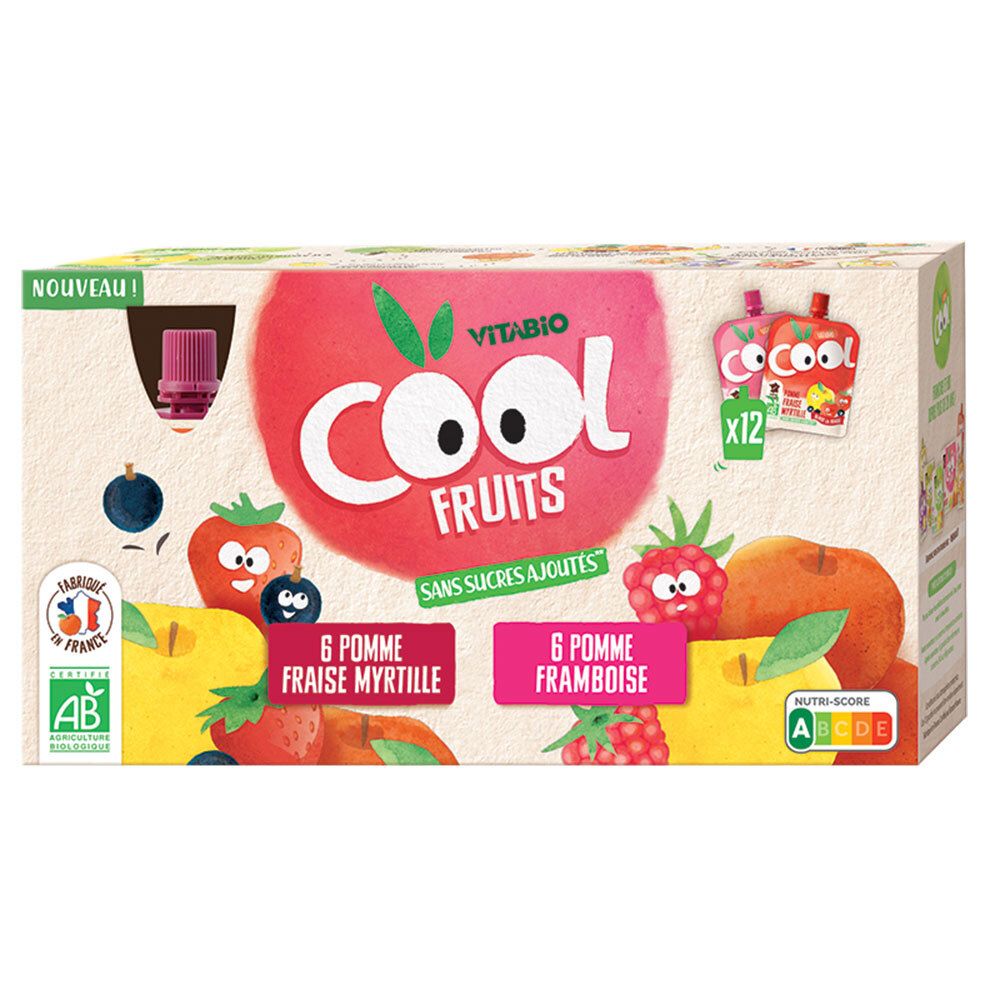 Verpackung von Cool Fruits. Enthält 12 Beutel mit Fruchtpüree. Aufschrift: 6 Pomme Fraise Myrtille, 6 Pomme Framboise. AB-Bio-Siegel.