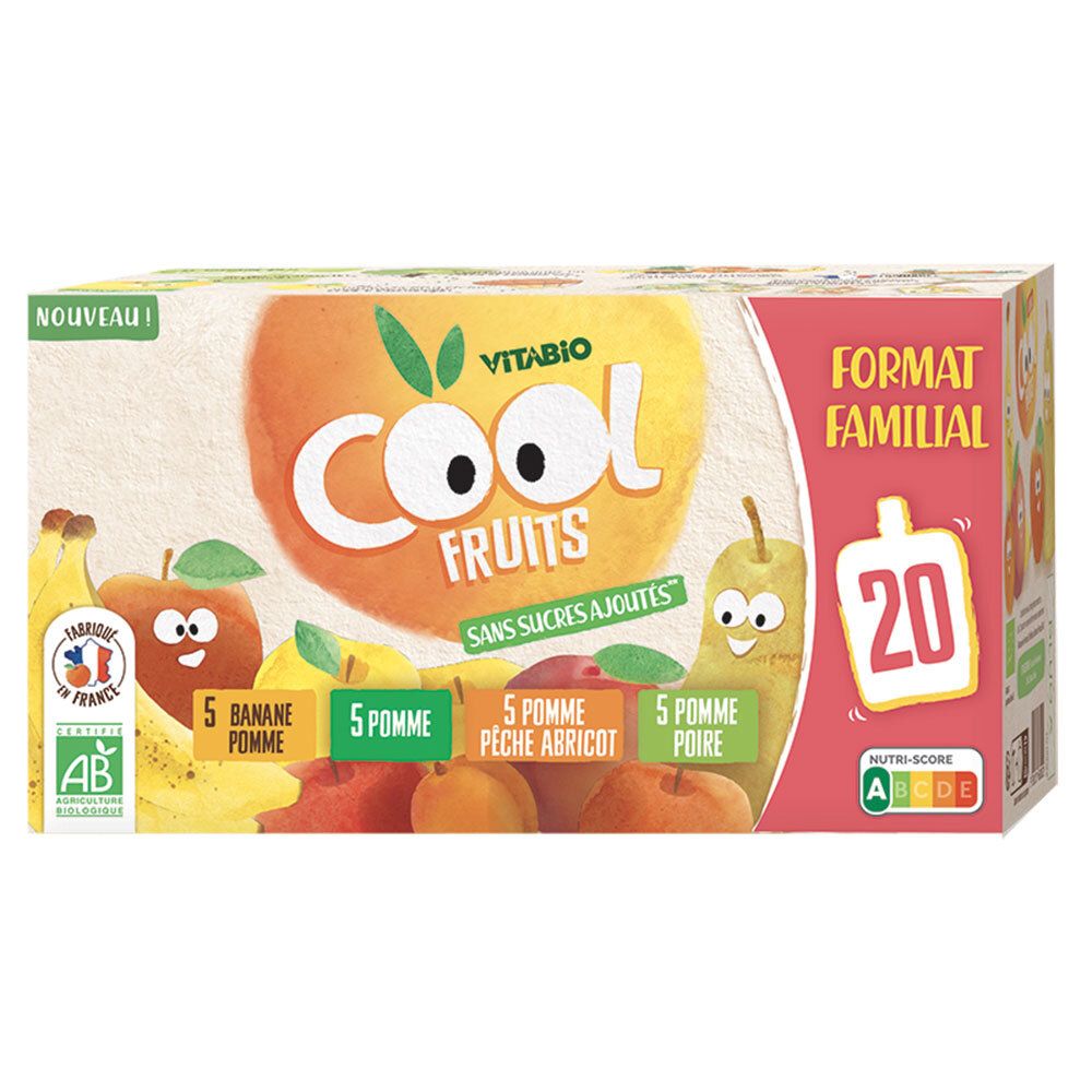 Verpackung von Cool Fruits, Multiparfums. Enthält 20 Beutel mit Apfel-, Birnen-, Aprikosen- und Bananenpüree. Bio-Qualität.