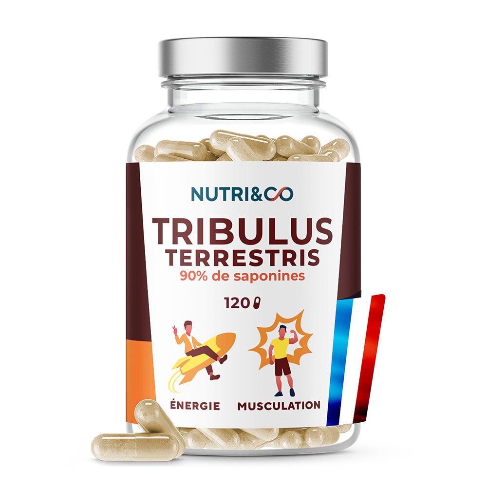 Kapseln in einer Glasflasche. Aufschrift: Nutri&Co Tribulus Terrestris, 120 Kapseln. Französische Flagge.