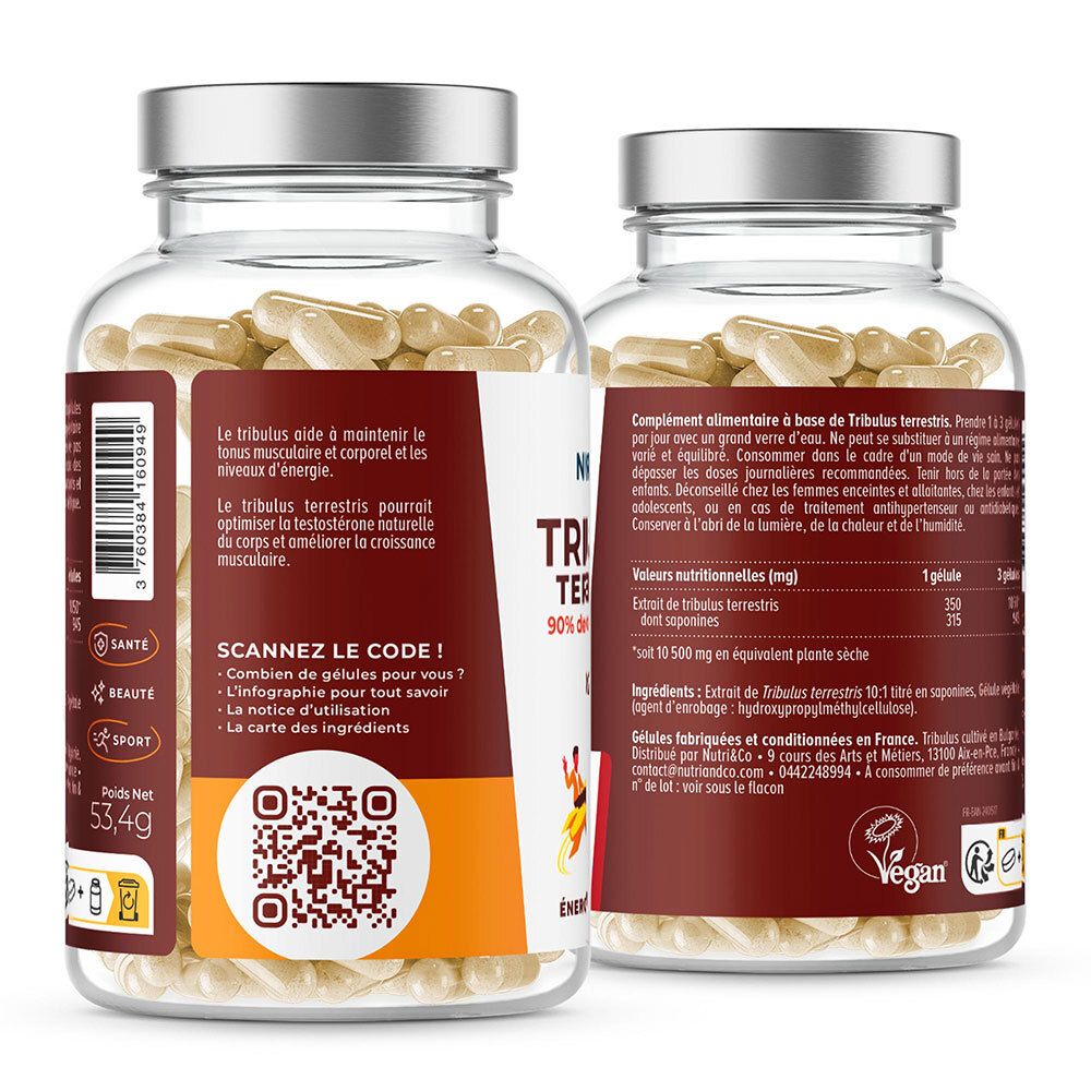 Rückseite der Flasche mit Kapseln. Etikett mit Text und QR-Code. Vegan-Logo.
