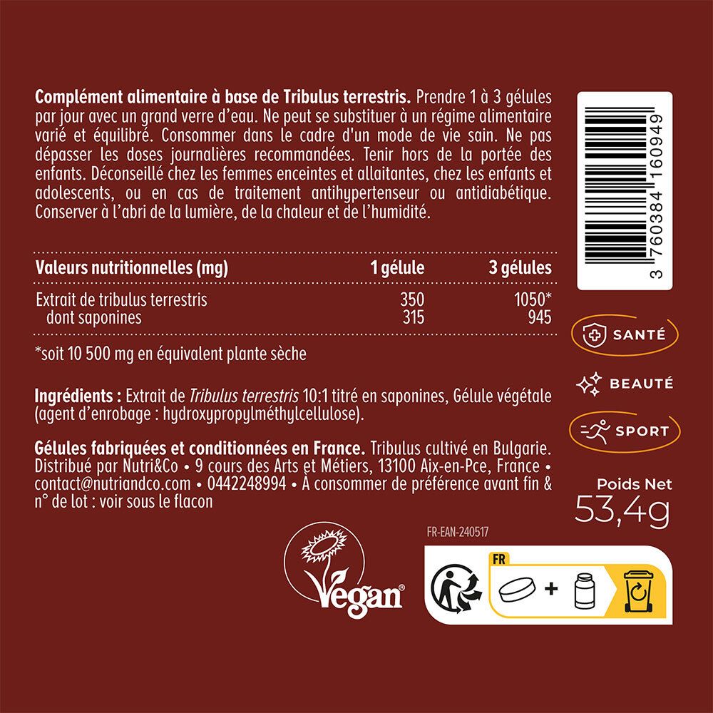 Nahaufnahme des Etiketts auf der Rückseite der Flasche. Text über Nährwerte und Inhaltsstoffe. Vegan-Logo.