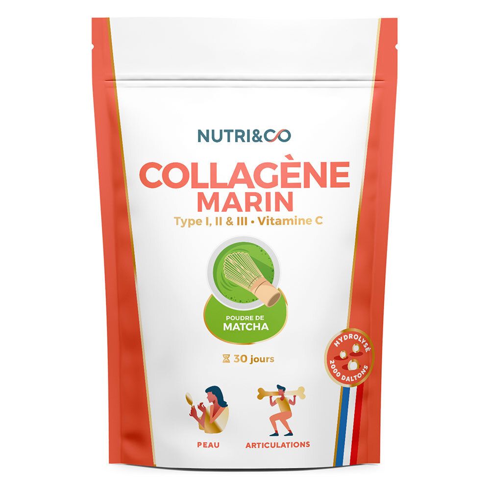 Beutel mit Nutri&Co Collagène Marin, Matcha-Geschmack. Enthält Typ 1, 2 & 3 Kollagen. Mit Vitamin C. 180g.