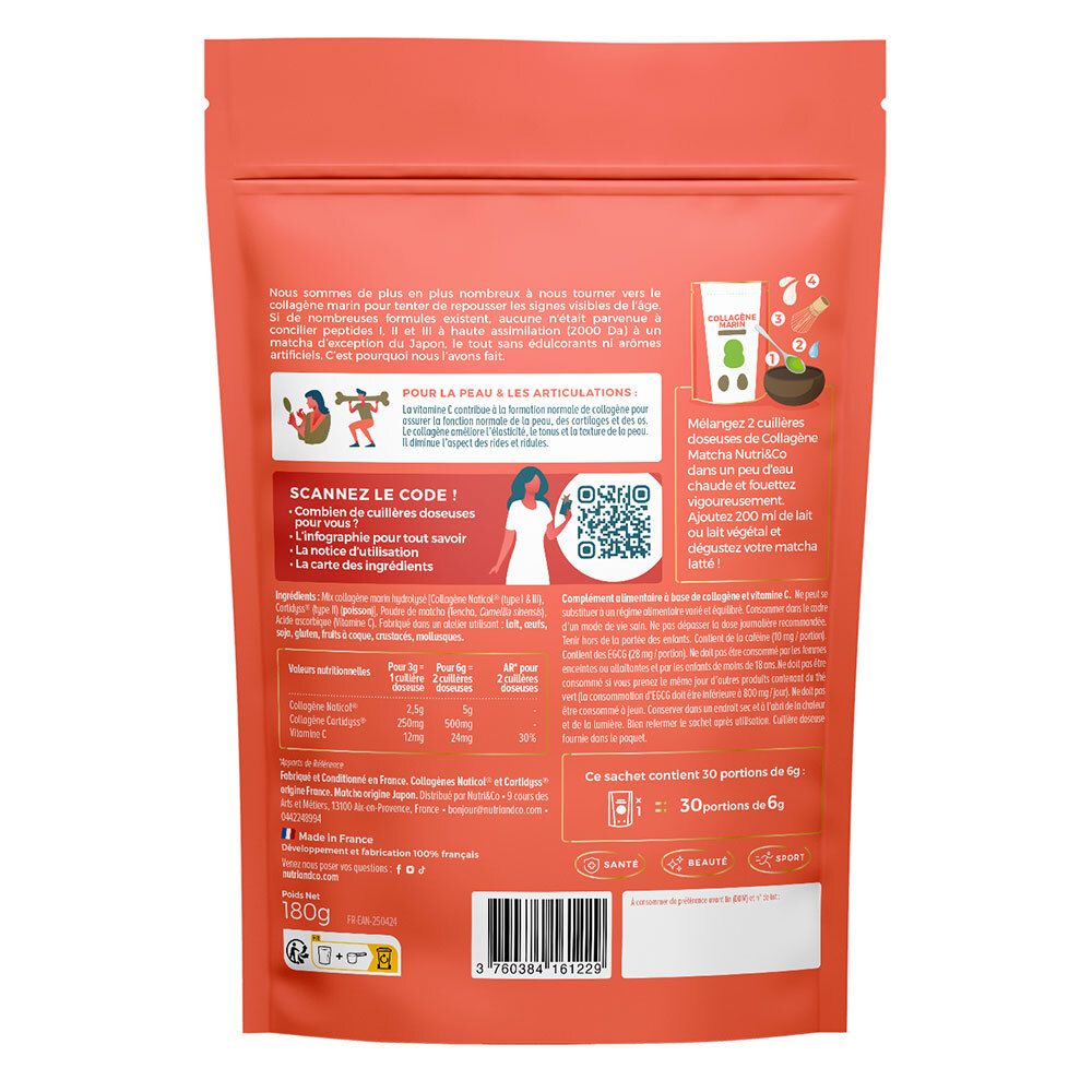 Rückseite der Nutri&Co Collagène Marin Verpackung. Enthält Informationen zu Inhaltsstoffen und Anwendung.