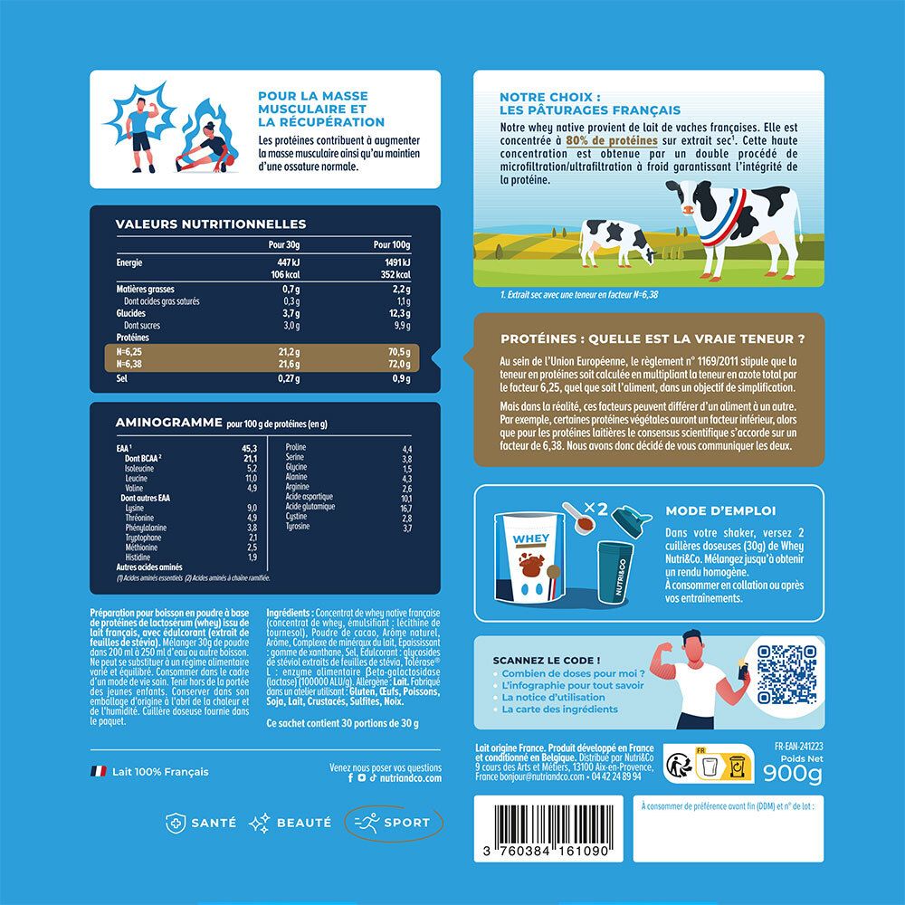Rückseite des Beutels. Text: Nährwertangaben, Aminogramm, Gebrauchsanweisung. Abbildung: Kühe, französisches Logo, QR-Code.