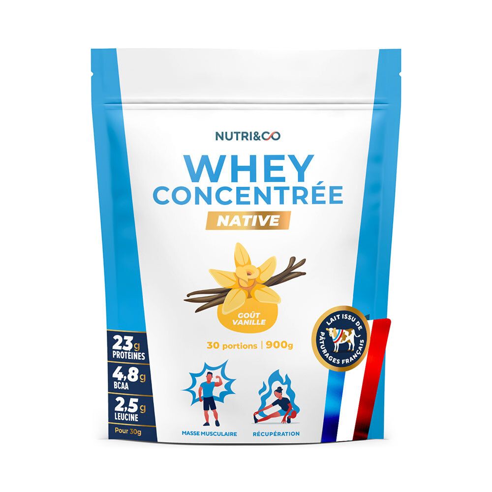 Beutel mit Whey Concentrée Native. Aufdruck mit Produktnamen, Vanille-Geschmack, 30 Portionen, 900g. Abbildungen von Sportlern.