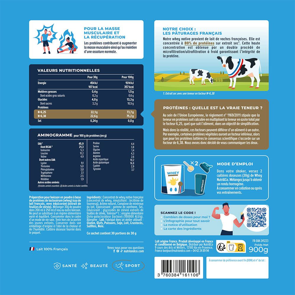 Rückseite der Whey Concentrée Native Verpackung. Enthält Nährwertangaben, Aminogramm, Gebrauchsanweisung und QR-Code.