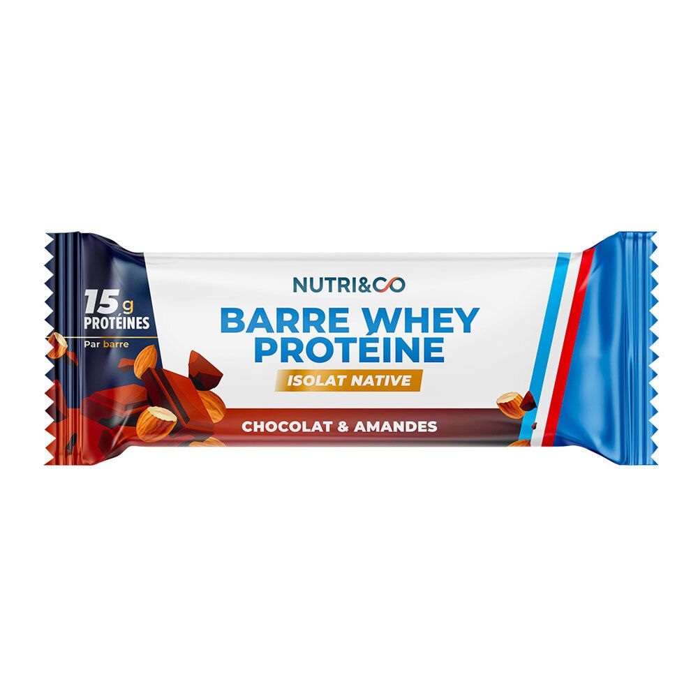 Verpackte Proteinriegel. Text: Nutri&Co, Barre Whey Proteine, Isolat Native, Chocolat & Amandes. 15g Proteine.