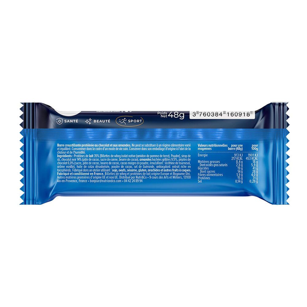 Rückseite der Proteinriegel-Verpackung. Text: Nährwertangaben, Zutatenliste. Logo: Santé, Beauté, Sport. Gewicht: 48g.