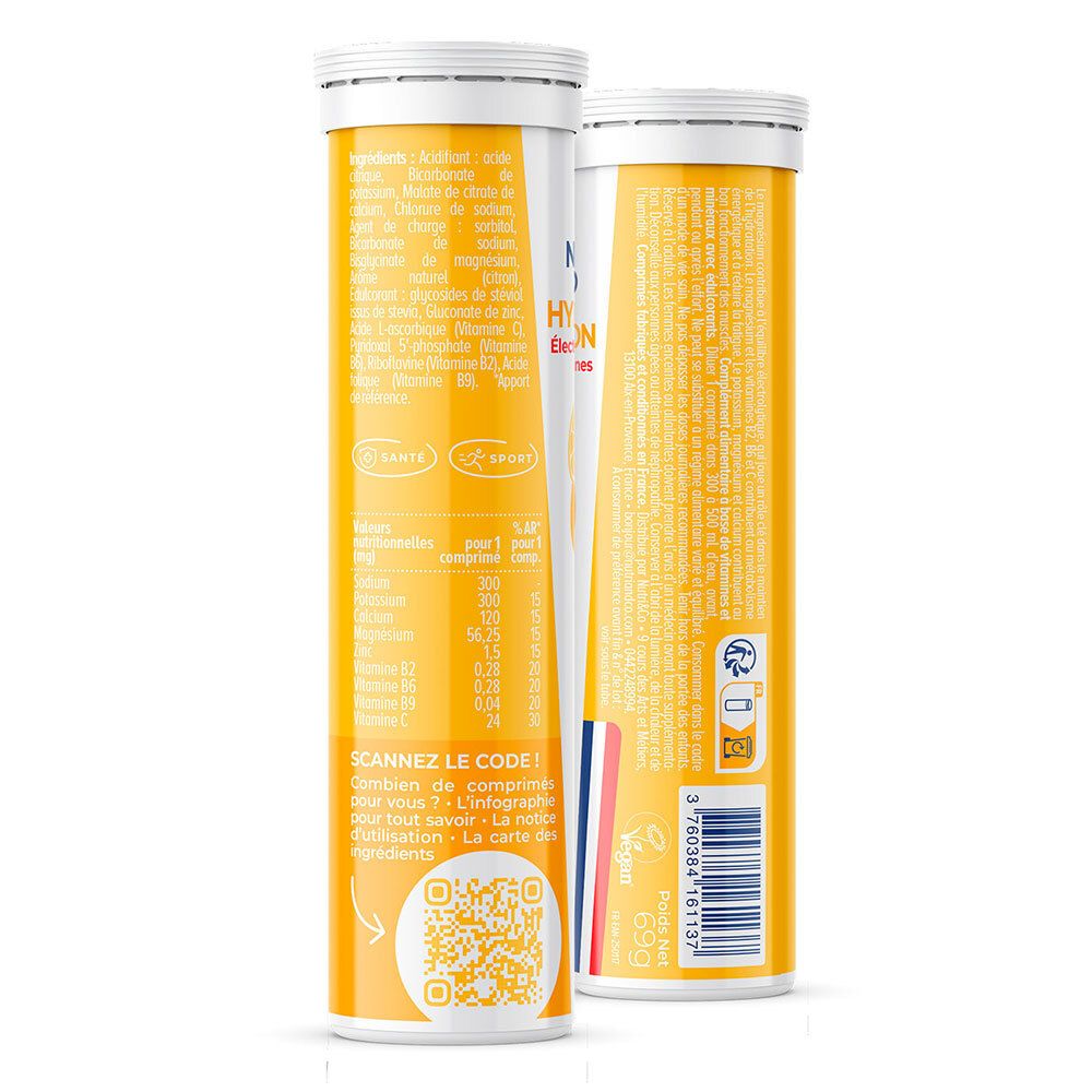 Zwei Tuben. Aufdruck: Zutaten, Nährwertangaben, QR-Code. Rückseite gelb mit Text. Vegan-Logo und franz. Flagge.