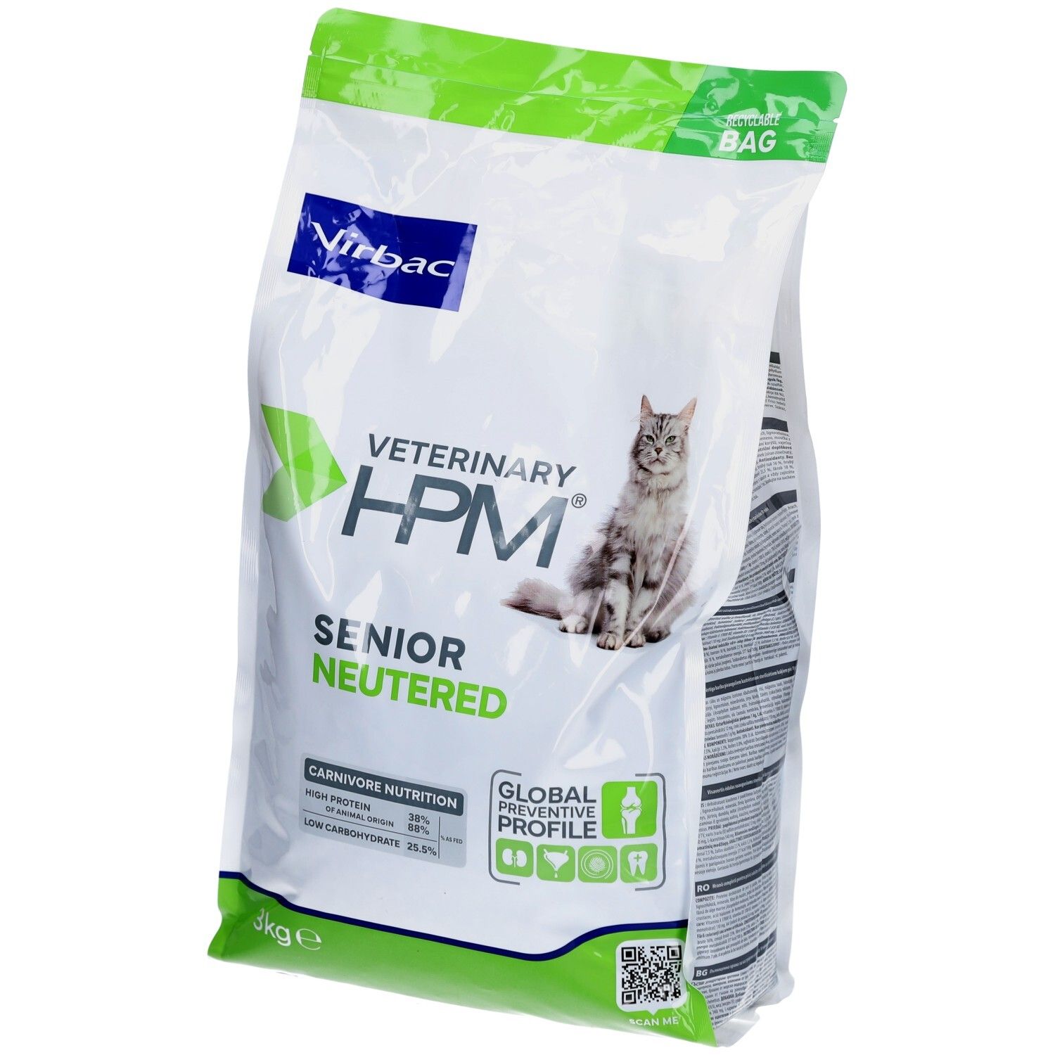 Beutel mit Katzenfutter. Aufschrift: Veterinary HPM Senior Neutered. Marke Virbac. 3kg.