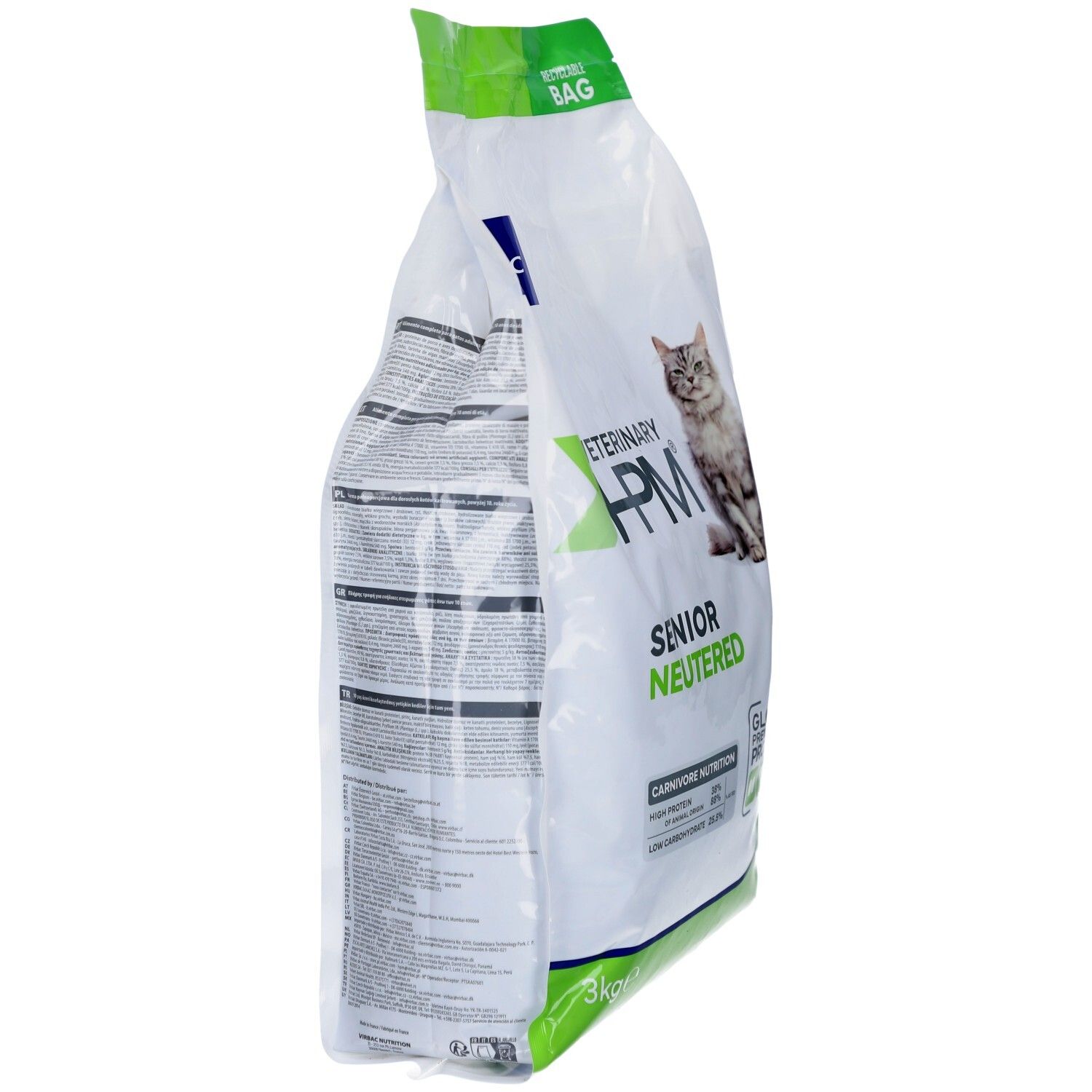 Seitenansicht des Katzenfutterbeutels. Aufschrift: Veterinary HPM Senior Neutered. Marke Virbac.
