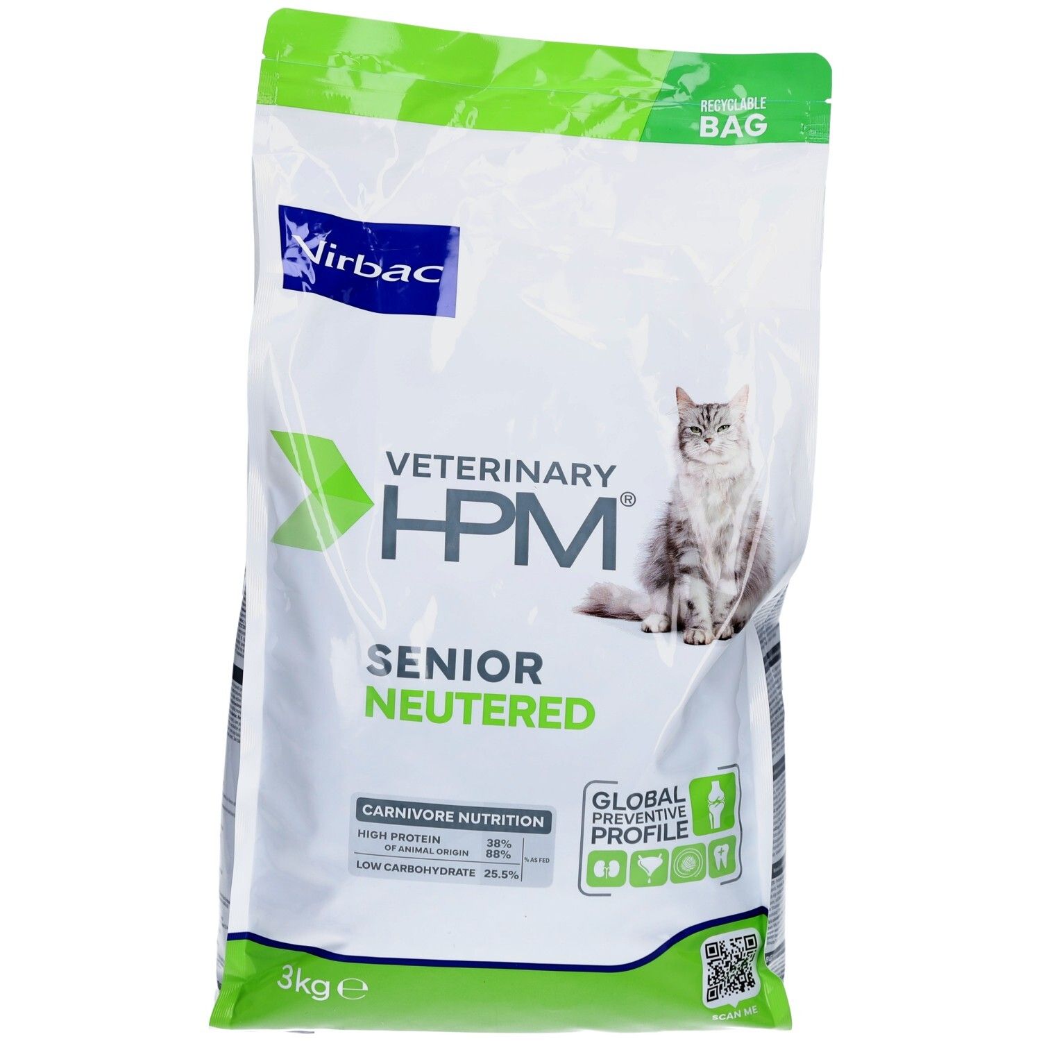 Katzenfutterbeutel. Aufschrift: Veterinary HPM Senior Neutered. Marke Virbac. Katze-Illustration. 3kg.