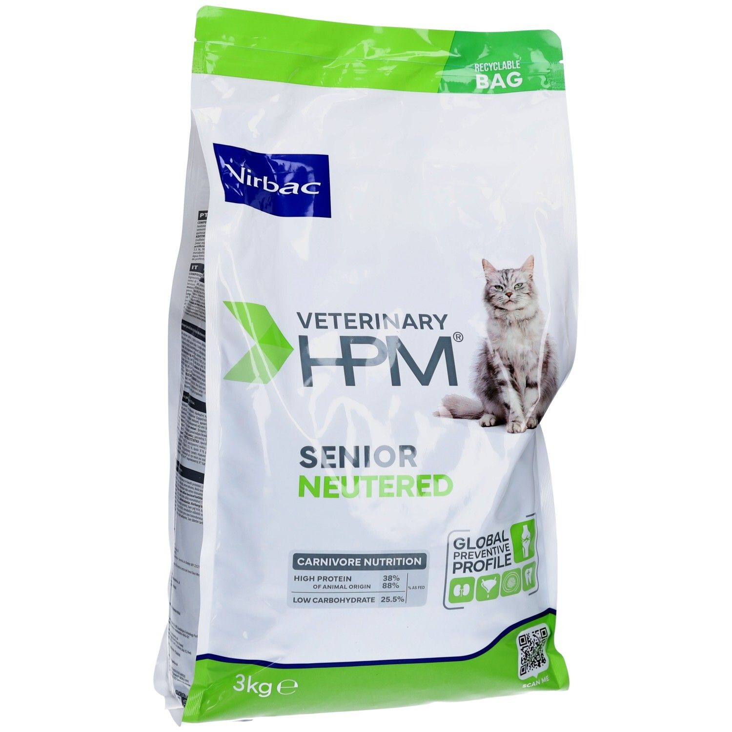 Katzenfutterbeutel. Aufschrift: Veterinary HPM Senior Neutered. Marke Virbac. Katze-Illustration. 3kg.