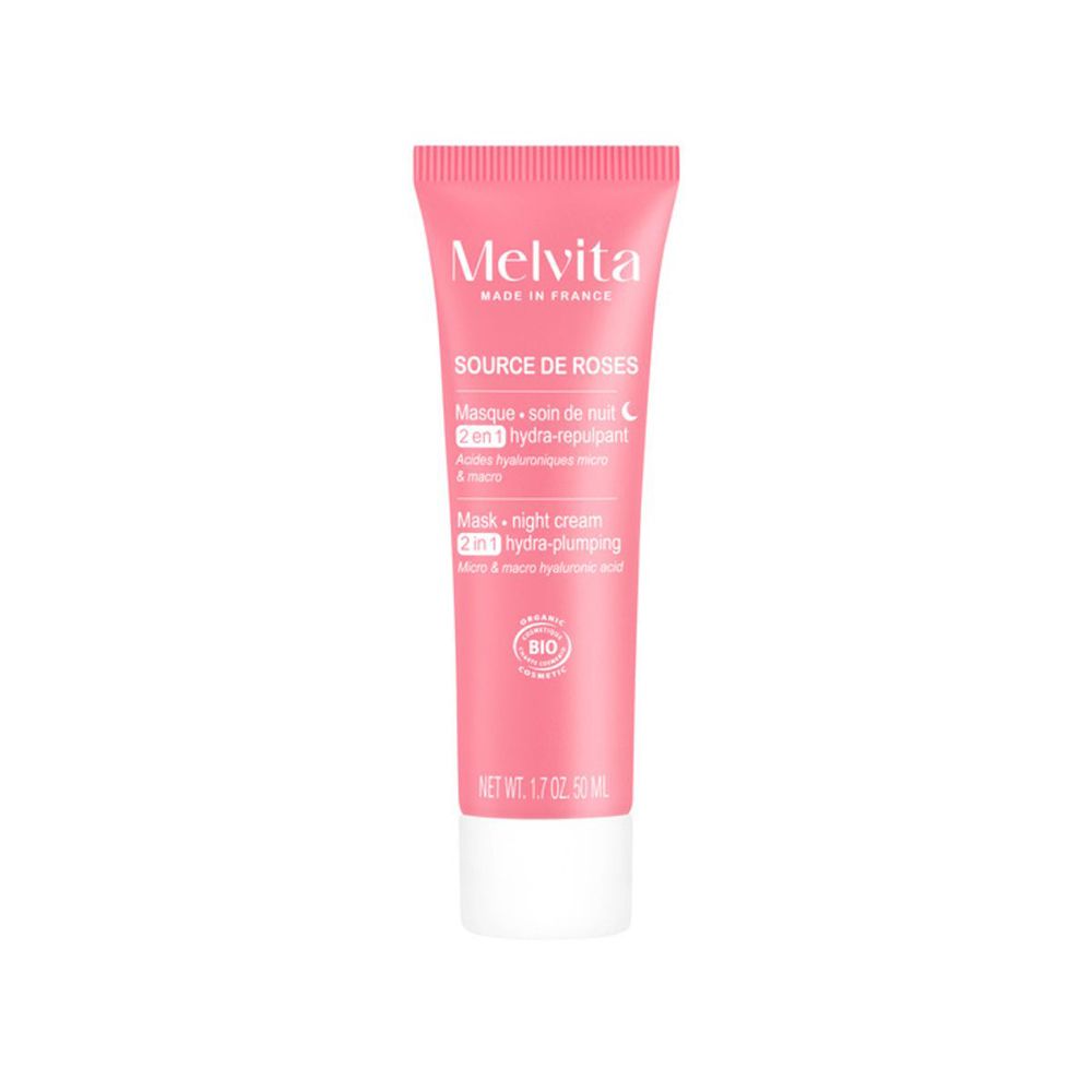 Rosa Tube. Melvita Source de Roses Crème Nuit Hydra Repulpante. Bio-Zertifizierung. 50 ml.