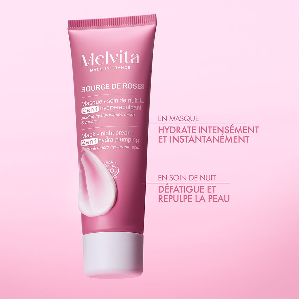 Rosa Tube. Melvita Source de Roses. Text und Produkt-Illustration. Text: Hydratation, Repulpant.