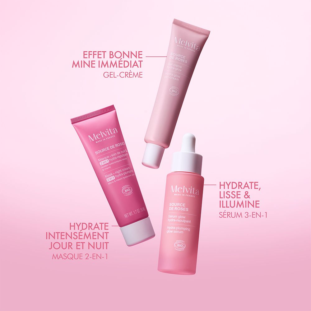 Drei Melvita-Produkte. Text: Sofortiger Glow-Effekt, hydratisiert, glättet und erhellt.