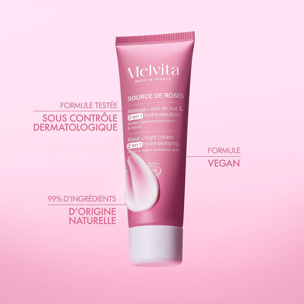 Rosa Tube. Melvita Source de Roses. Text: Dermatologisch getest, vegane Formel, 99% natürliche Inhaltsstoffe.