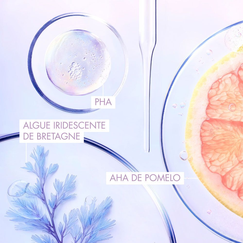 Nahaufnahme von Inhaltsstoffen. Text: PHA, Algue iridescente de Bretagne, AHA de Pomelo.
