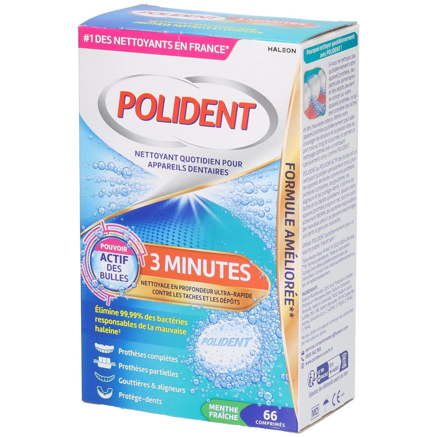 Boîte POLIDENT. Inscription: 3 minutes, nettoyage quotidien pour prothèses dentaires. Contient 66 comprimés. Goût menthe.
