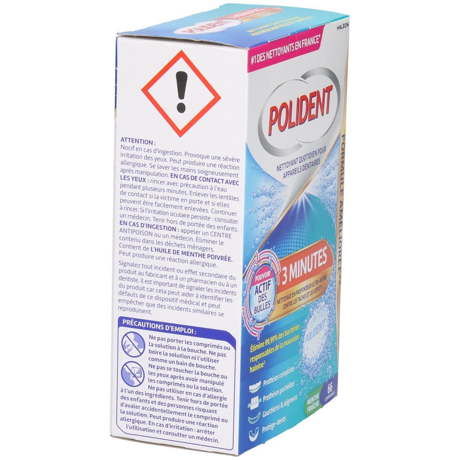 Dos de la boîte POLIDENT. Contient des avertissements et des instructions d'utilisation. Texte en français. 66 comprimés.