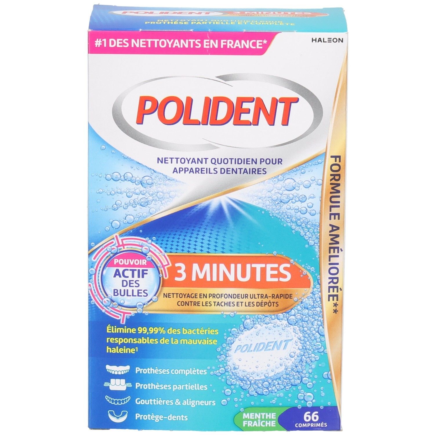 Boîte POLIDENT. Inscription: 3 minutes, nettoyage quotidien pour prothèses dentaires. Contient 66 comprimés. Goût menthe.