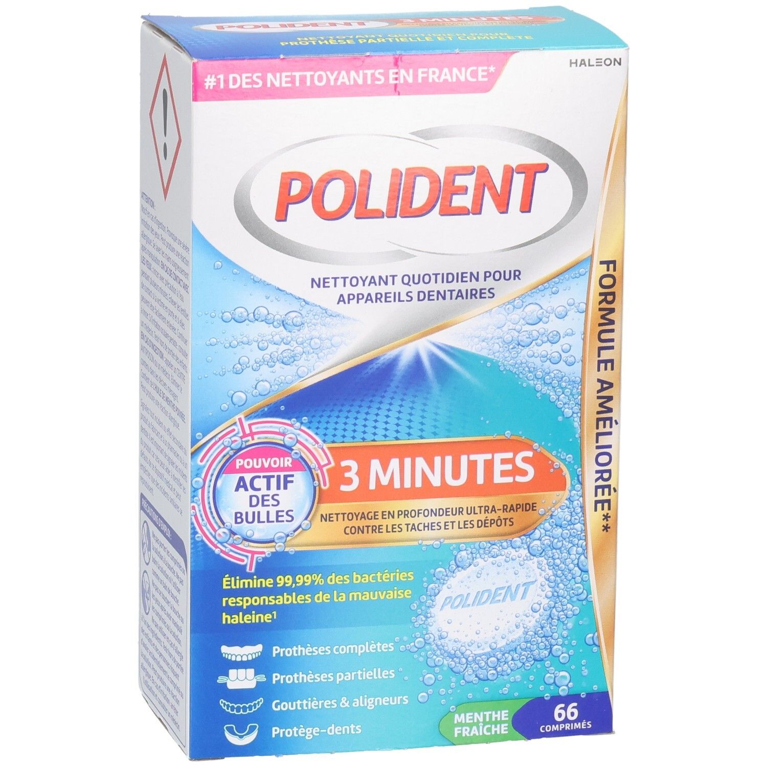 Boîte POLIDENT. Inscription: 3 minutes, nettoyage quotidien pour prothèses dentaires. Contient 66 comprimés. Goût menthe.