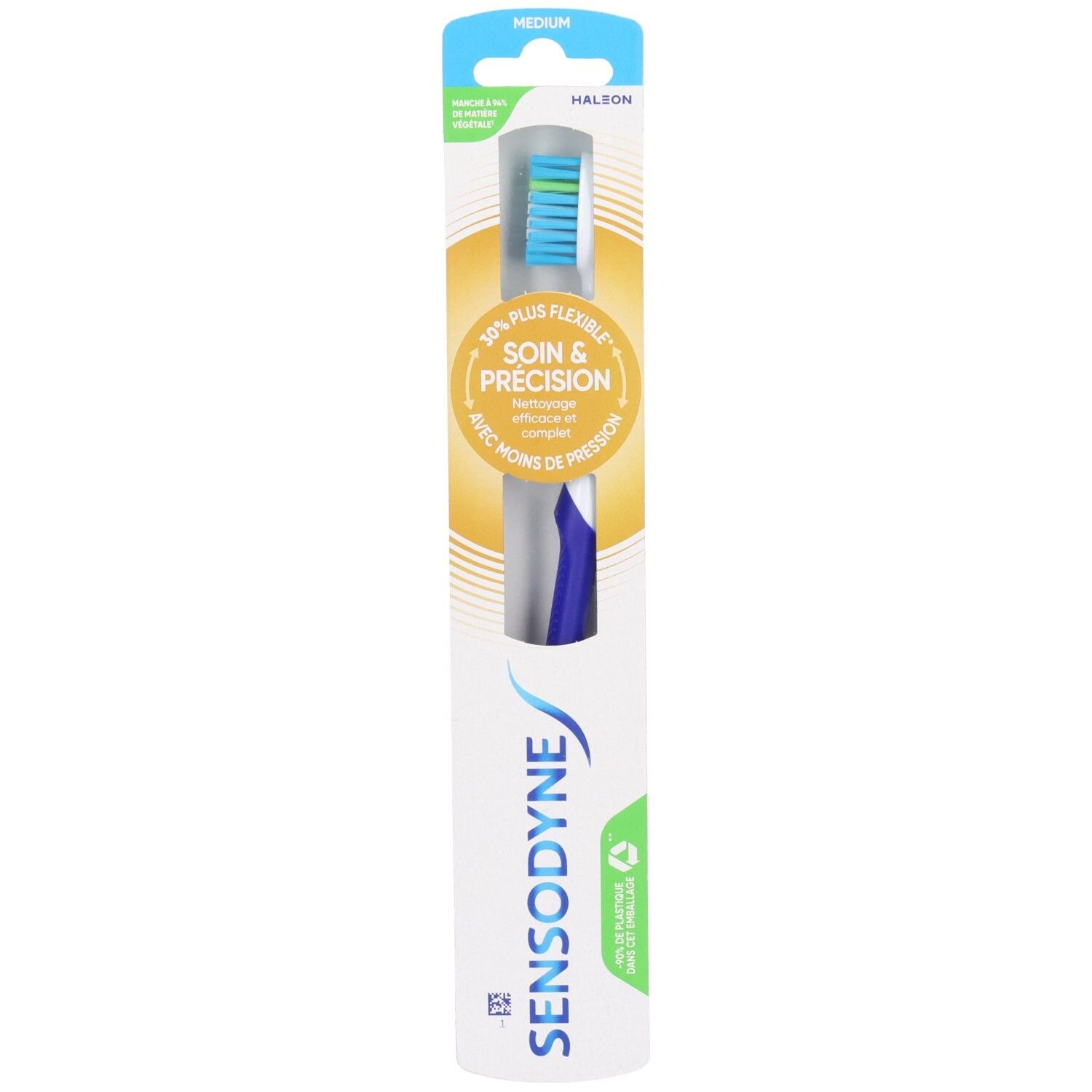 Sensodyne Zahnbürste mit blauem Griff und Borsten in Blau und Grün. Verpackung mit Text 'Soin & Précision'.