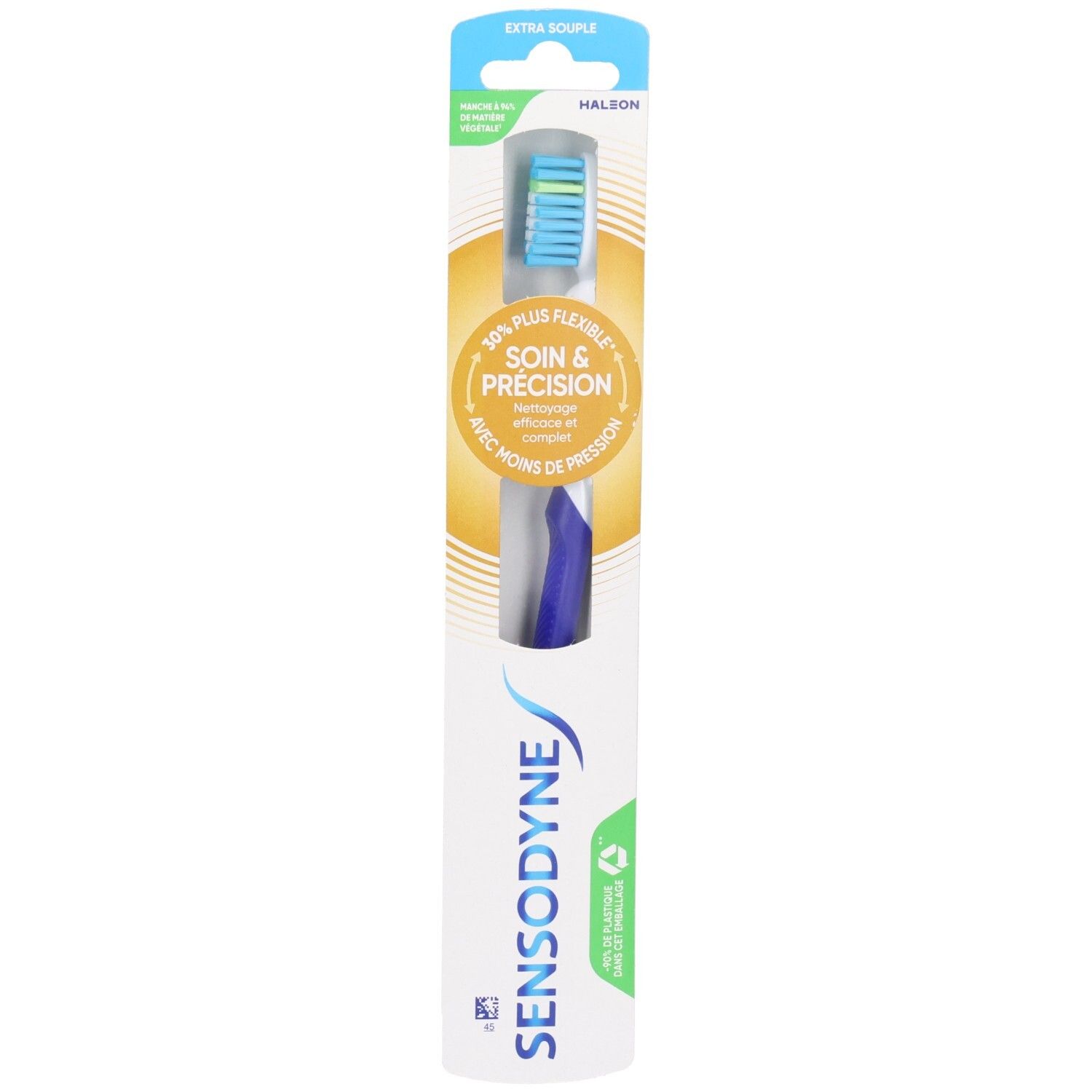 Zahnbürste in Verpackung. Blaue Borsten, blauer Griff. Text: Sensodyne, Soin & Précision, Extra Souple.