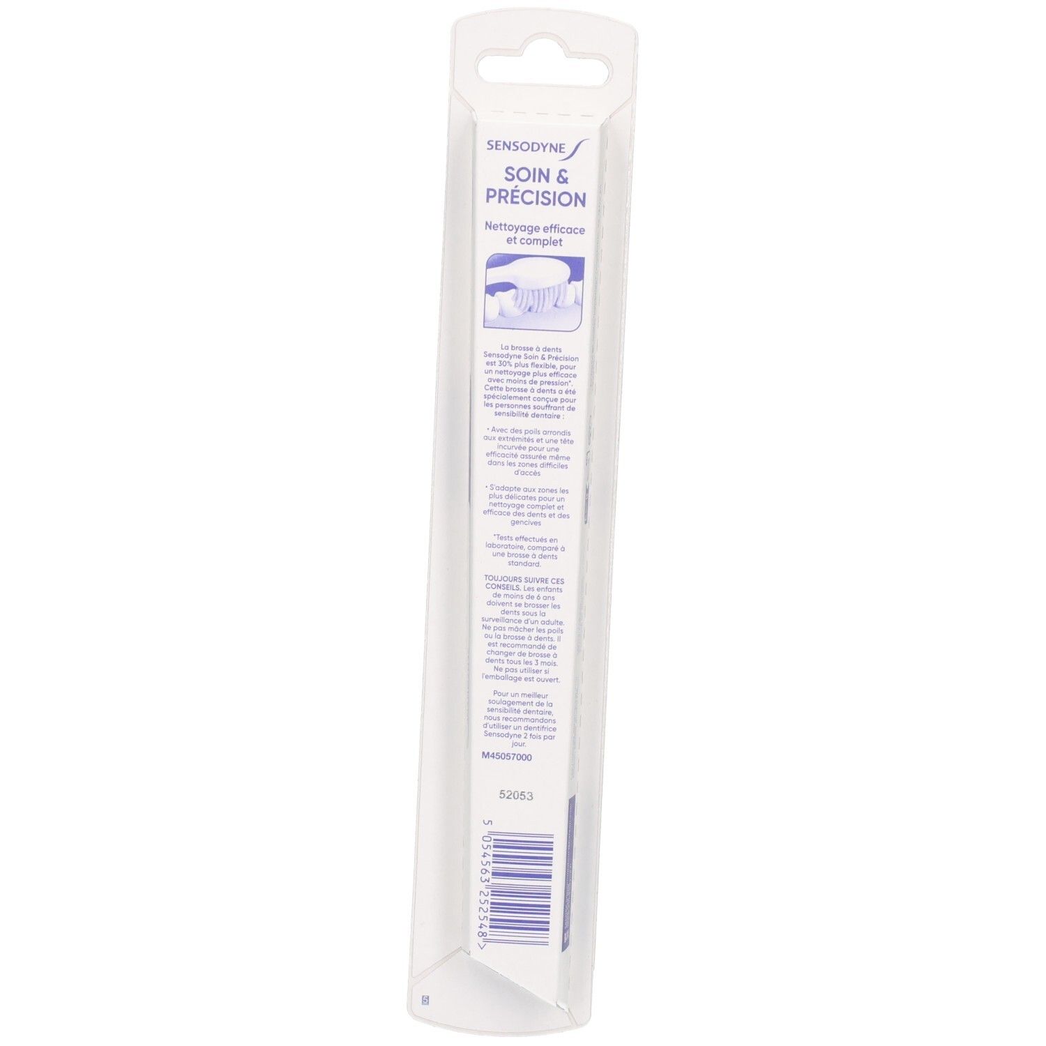 Rückseite der Zahnbürstenverpackung. Text: Sensodyne, Soin & Précision. Barcode und Produktinformationen.
