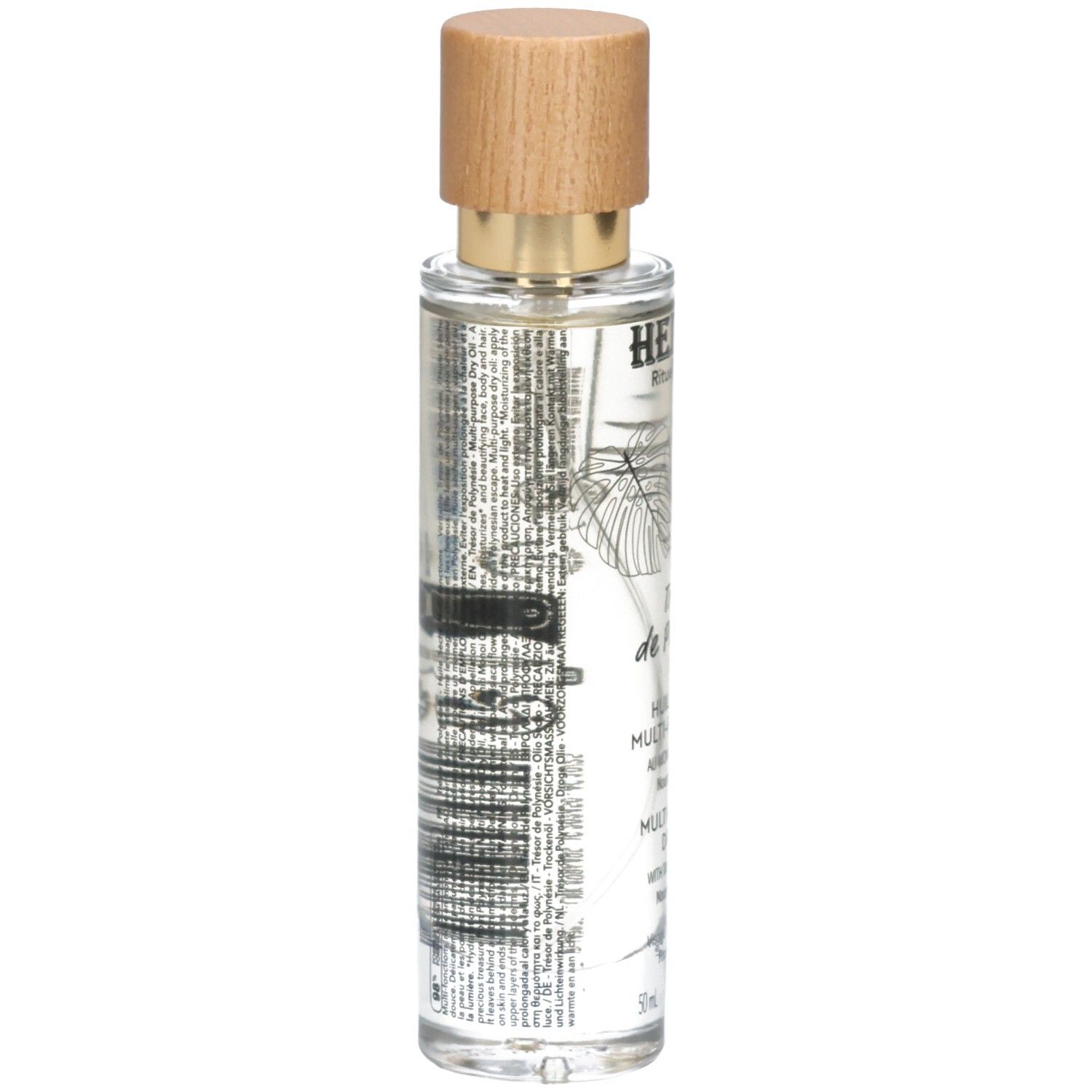 Rückseite der Hei Poa Multi-Purpose Dry Oil Flasche mit Produktinformationen.