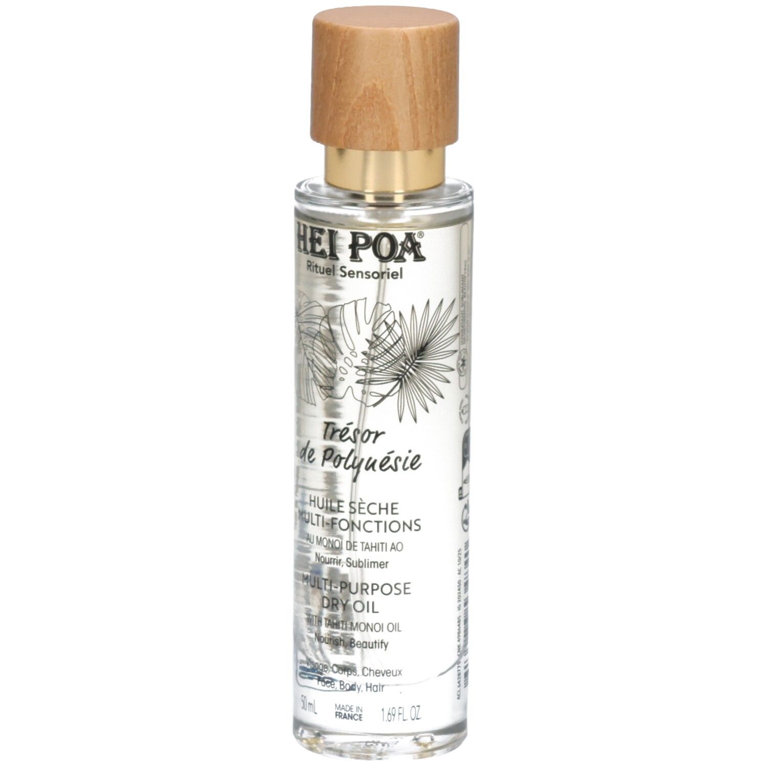 Hei Poa Multi-Purpose Dry Oil Flasche mit Holzdeckel und botanischen Motiven.