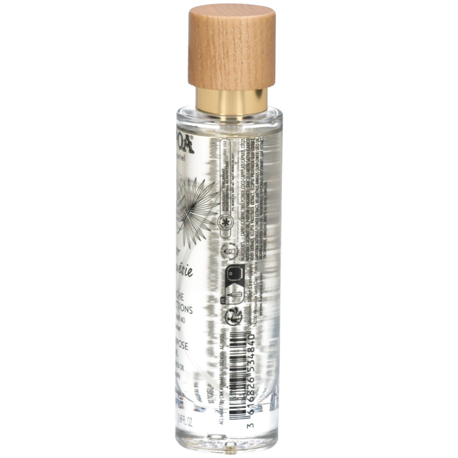 Seitenansicht der Hei Poa Multi-Purpose Dry Oil Flasche mit Barcode.