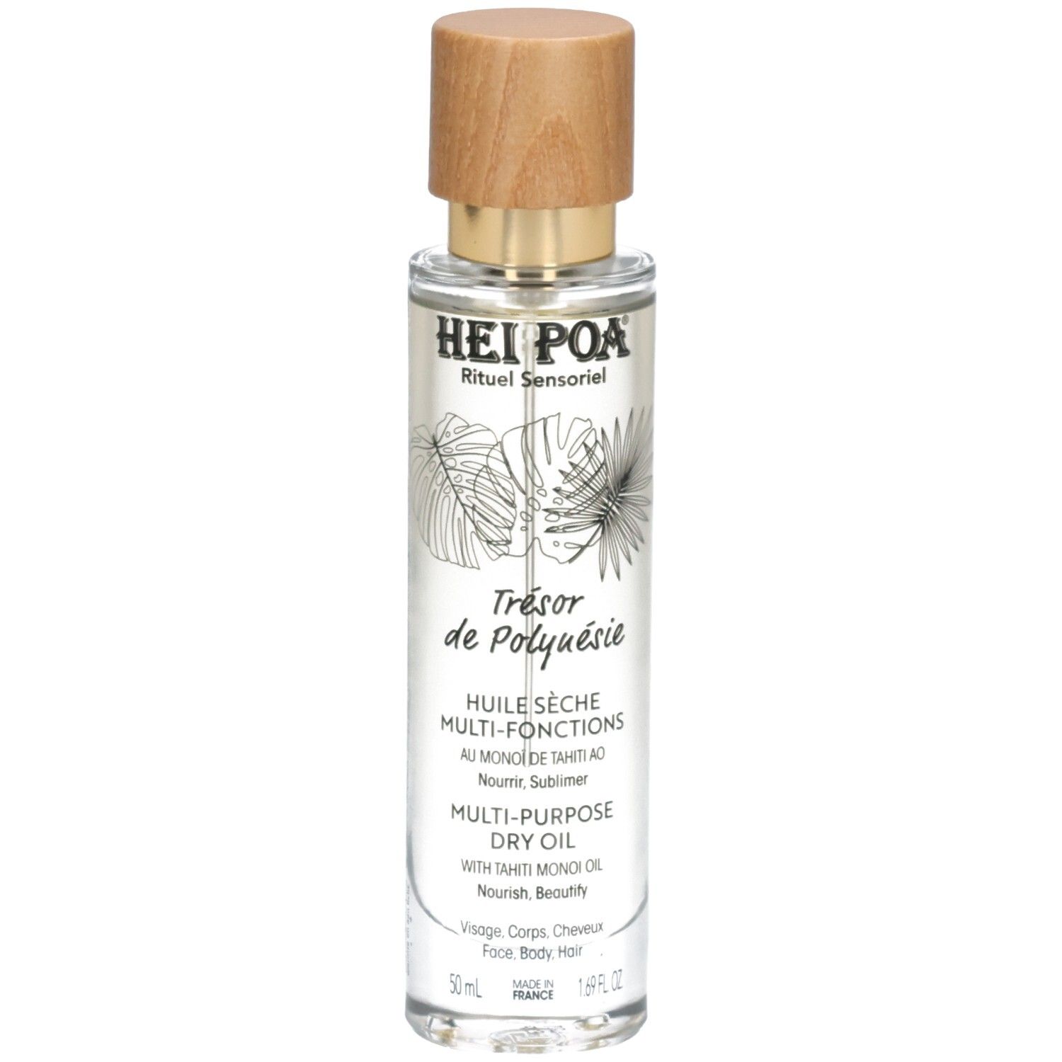 Hei Poa Multi-Purpose Dry Oil Flasche mit Holzdeckel und botanischen Motiven.