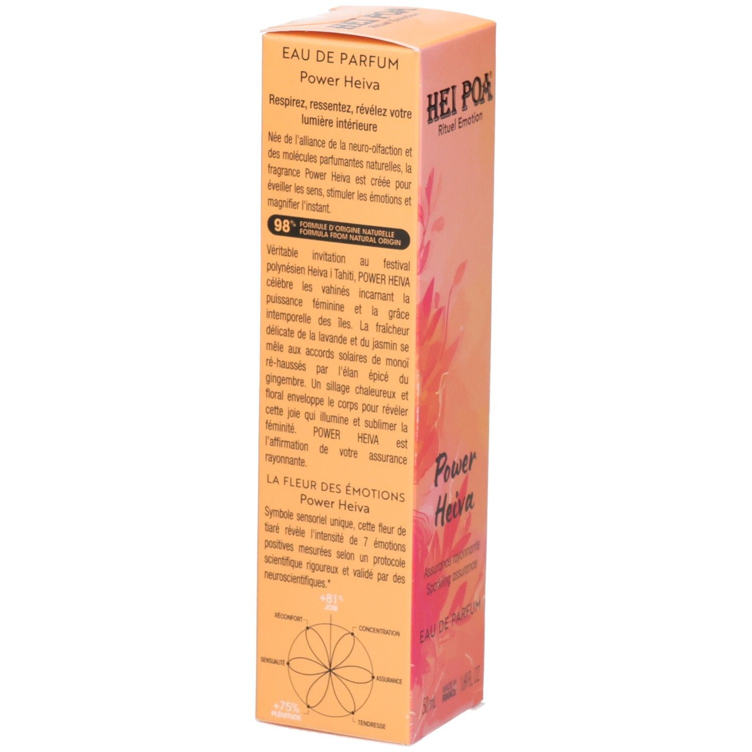 Rückseite der Verpackung von Hei Poa Eau de Parfum Power Heiva mit Produktinformationen.