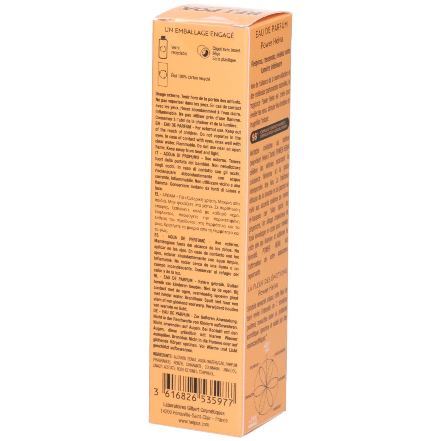 Seite der Verpackung von Hei Poa Eau de Parfum Power Heiva mit Inhaltsstoffen und Barcode.