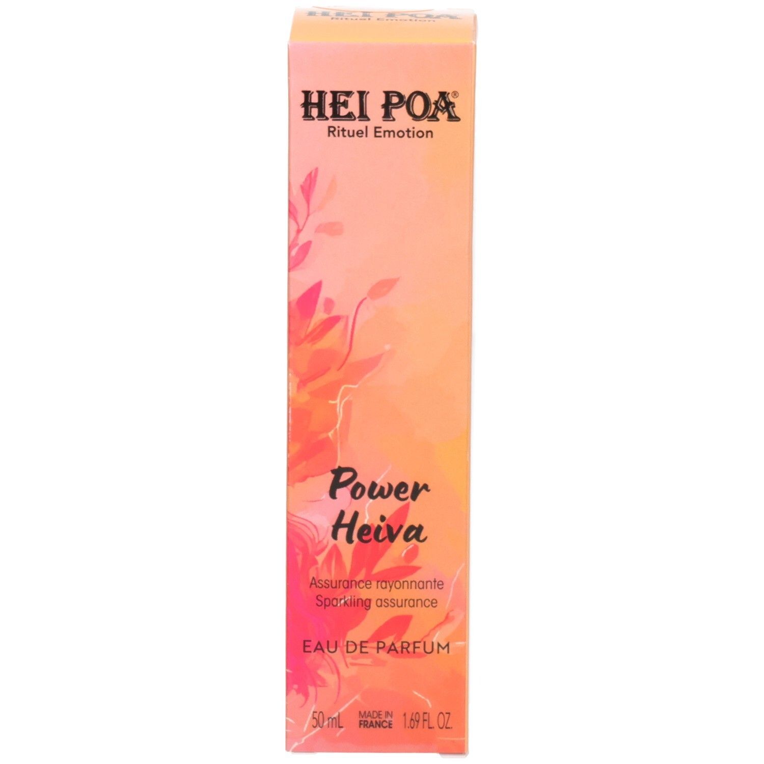 Verpackung von Hei Poa Eau de Parfum Power Heiva, 50ml, mit floralem Design.
