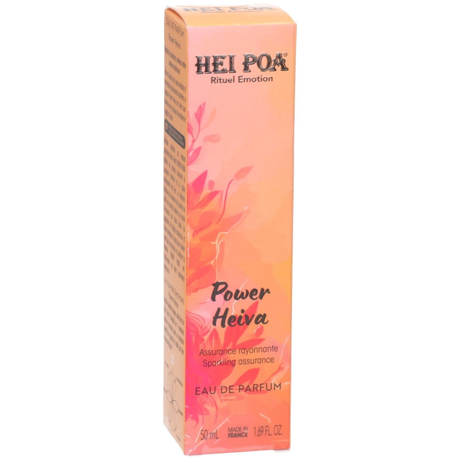 Verpackung von Hei Poa Eau de Parfum Power Heiva, 50ml, mit floralem Design.