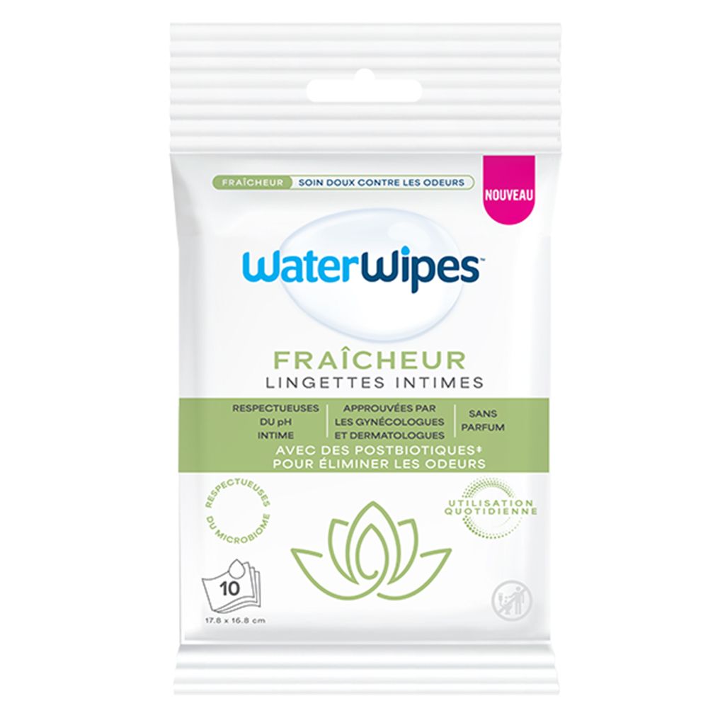 Verpackung von WaterWipes Frische Intimpflegetücher mit 10 Tüchern.